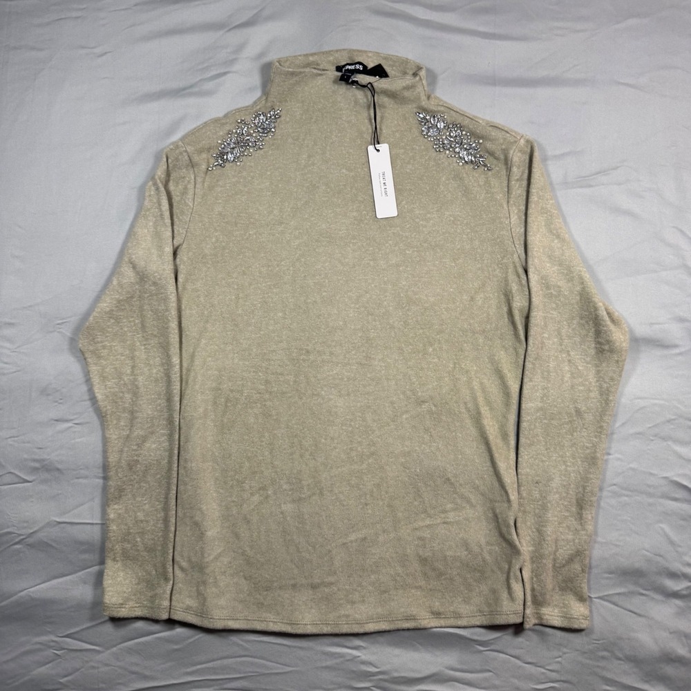 Express Womens L Mock Turtleneck Embellished Top Oatmeal Heather Neutral